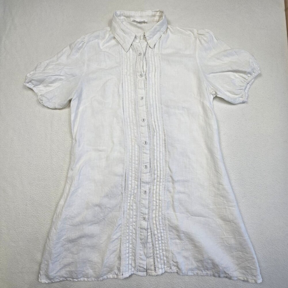 Little Lies Medium White 100% Linen Button-Up Tunic Dress Puff Sleeves Boho